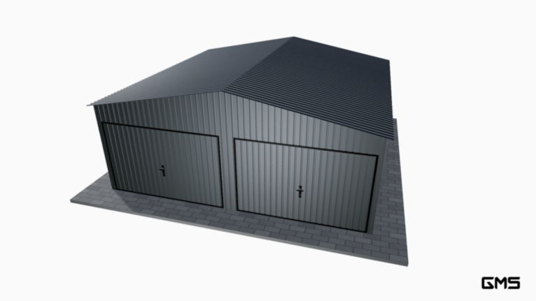 Garaj acrilic BTX 6x6 m cu acoperiș în două ape / poartă basculantă