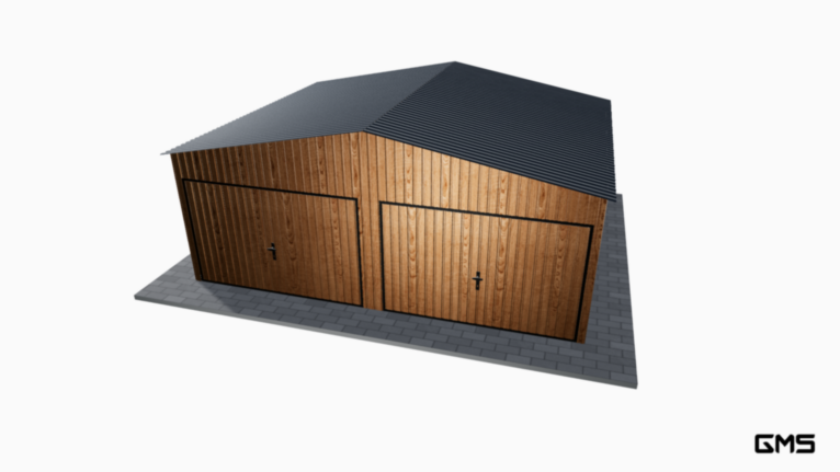 Garaj acrilic imitație lemn 6x5 m cu acoperiș în două ape / poartă basculantă