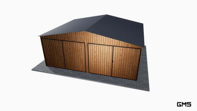Garaj acrilic imitație lemn 6x5 m cu acoperiș în două ape