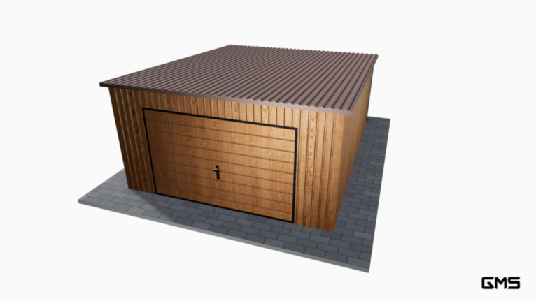 Garaj acrilic imitație lemn 6x5 m cu panta spre spate / poartă basculantă