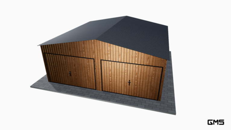 Garaj acrilic imitație lemn 6x6 m cu acoperiș în două ape / poartă basculantă