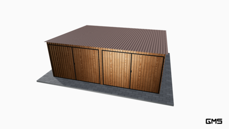 Garaj acrilic imitație lemn 6x6 m cu panta spre spate / poartă basculantă