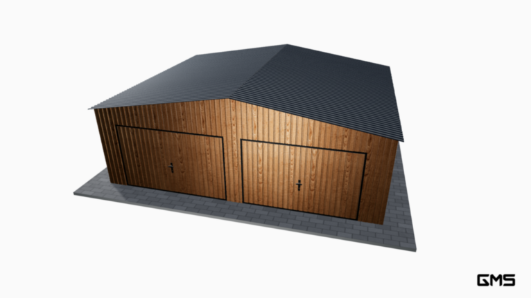 Garaj acrilic imitație lemn 7x6 m cu acoperiș în două ape / poartă basculantă