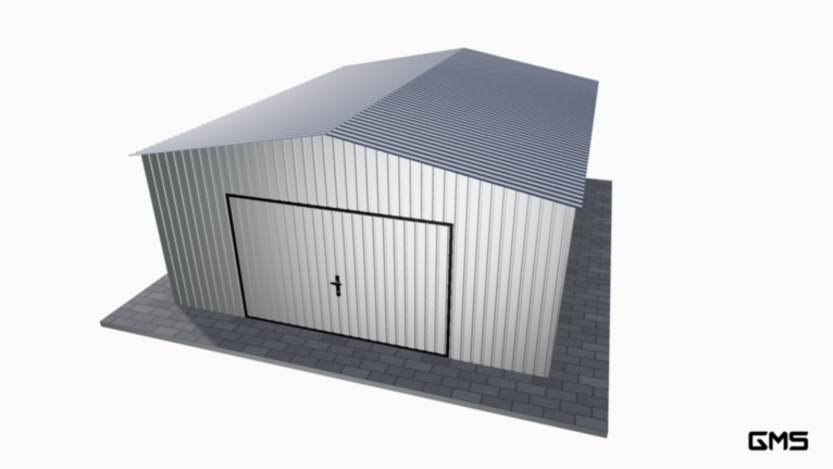 Garaj din tablă 5x6 m cu acoperiș în două ape / poartă basculantă